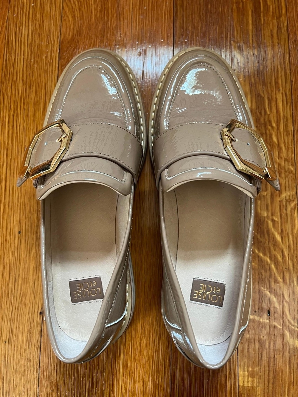 Louise et Cie Taupe Patent Loafers with Gold Buckles